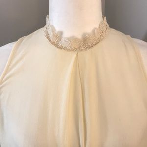 Cream Lace Pleated Tank w/ High Neckline